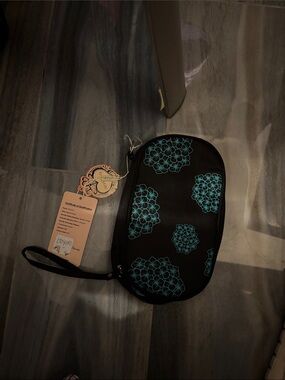 Black Wristlet Clutch with Teal Floral Print - up to 15-pairs of earrings. NWT